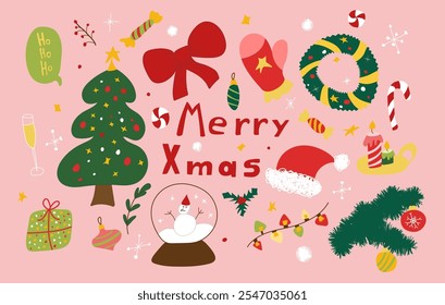 Merry Christmas Bundle. Hand Drawn Cute Pastel Christmas Elements. Festive Season Graphics