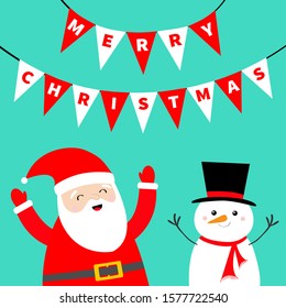 Merry Christmas bunting flags letters set.Triangle flag garland. Xmas decoration. Snowman. Santa Claus. Cute cartoon kawaii funny baby character. New Year. Greeting card. Blue background. Vector