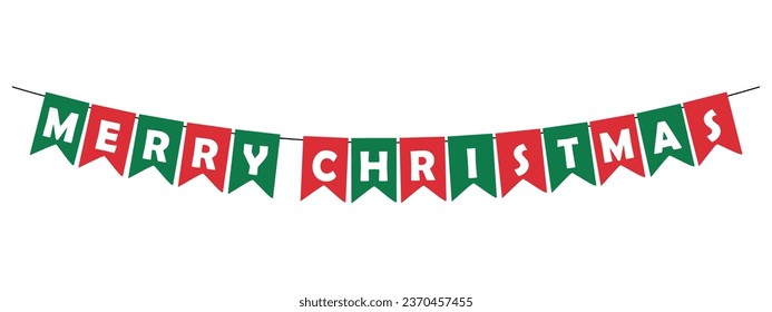 merry christmas bunting garland, red and green pennants with white letters, party lettering banner, vector decorative element