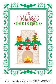 Merry Christmas, burning logs and fireplace made of stone with chimney vector in frame. Flame in hearth, brick wall, New Year decorations Santa socks