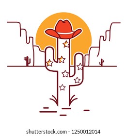 Merry Christmas cactus illustration with garland and western cowboy hat on white background