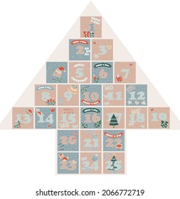 Merry Christmas calendar card, festive Christmas decoration in modern geometric style with December countdown numbers.