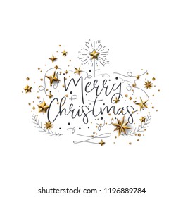 Merry Christmas Calligraphic Design and Decorated with Golden Stars and Beads and pyramid on white background