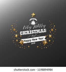 Merry Christmas Calligraphic Design and Decorated with Golden Stars and Beads and pyramid on dark grey background