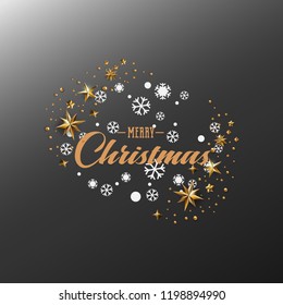 Merry Christmas Calligraphic Design and Decorated with Golden Stars and Beads and pyramid on dark grey background