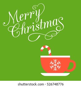 Merry Christmas calligraphic font with swirl tail and red cup with sugar cane inside for christmas holiday on green background, flat design