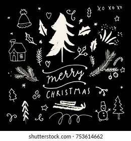 Merry Christmas calligraphic hand drawn greeting card in black and white. Vector illustration