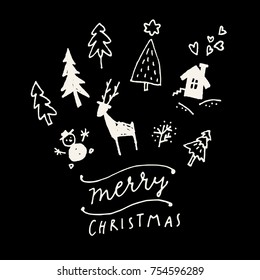 Merry Christmas calligraphic hand drawn greeting card in black and white. Vector illustration
