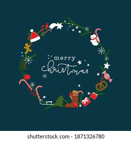 Merry Christmas Calligraphic Hand Lettering Sign Colorful Wreath Wit Christmas Items, Santa Hat, Candy Cane, Presents, Stars Illustration Blue Background, Merry Christmas Cute Print Printable Artwork 