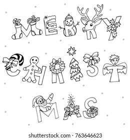 Merry Christmas calligraphic hand written text. Creative Xmas lettering design with hand drawn elements and symbols. Handdrawn font for greeting and invitation template. Vector illustration. 
