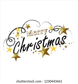 Merry Christmas Calligraphic Inscription Decorated with Golden Stars