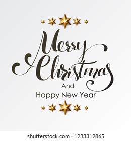 Merry Christmas Calligraphic Inscription Decorated with Golden Stars and Beads.