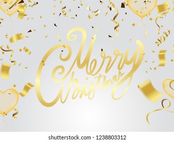 Merry Christmas Calligraphic Inscription Decorated with balloons. Confetti and ribbons flag ribbons, Celebration background template