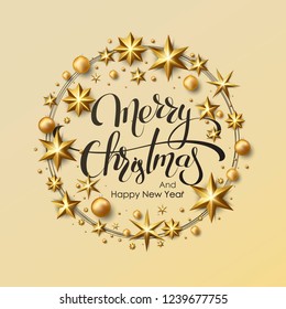 Merry Christmas Calligraphic Inscription Decorated with Golden Stars and Beads.