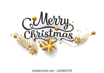 Merry Christmas Calligraphic Inscription Decorated with Golden Stars, pine branch and Beads.