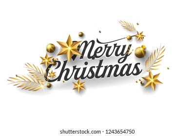 Merry Christmas Calligraphic Inscription Decorated with Golden Stars, pine branch and Beads.