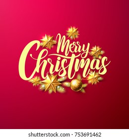 Merry Christmas Calligraphic Inscription Decorated with Golden Stars on red background.Vector illustration EPS10