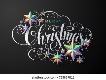 Merry Christmas Calligraphic Inscription Decorated with Holographic Stars, Glitter and Beads