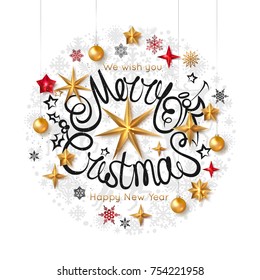 Merry Christmas Calligraphic Inscription Decorated Gold and Red Stars Hanging Balls and Snowflakes.  Vector illustration