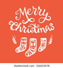 Merry Christmas calligraphic inscription and hand drawn doodle winter socks on the red background. Great design elements for Xmas invitation or greeting card, flyer, print and holiday poster.
