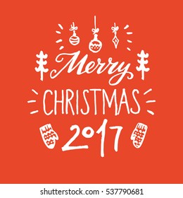 Merry Christmas calligraphic inscription and hand drawn doodle winter mittens on the red background. Great design elements for Xmas invitation or greeting card, flyer, print and holiday poster.