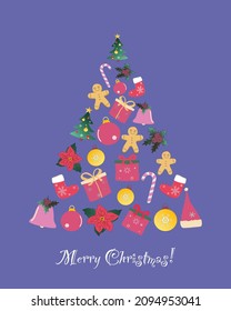 Merry Christmas Calligraphic Inscription and Christmas tree with christmas decoration elements on Very Peri background.