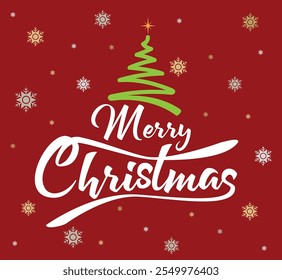 Merry Christmas Calligraphic Lettering design with snowfall icons in  Red color Backgorund. Creative typography for Holiday Greeting Gift Poster. Calligraphy Font style Banner.