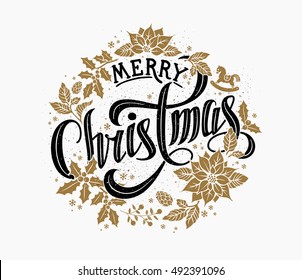 Merry Christmas Calligraphic Lettering Design decorated with Christmas Wrath.