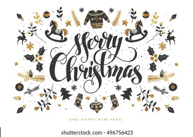 Merry Christmas Calligraphic Lettering Design decorated with Christmas Wrath.