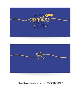 Merry christmas - Calligraphic lettering greetings card design template. Rectangular invitation cardin pocket size. Lettering on front, decorative ribbon on back.