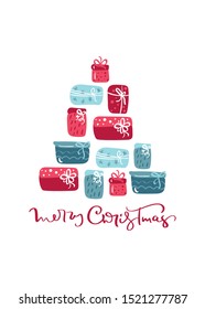 Merry Christmas calligraphic lettering hand written vector text. Greeting card design with gift xmas elements tree. Modern winter season postcard, brochure, wall art design