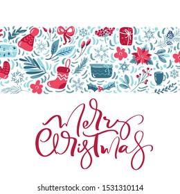 Merry Christmas calligraphic lettering hand written vector text. Greeting card design with floral plants xmas elements. Modern winter season postcard, brochure, wall art design