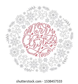 Merry Christmas calligraphic lettering hand written vector text and snowflakes wreath. Greeting card design with xmas elements. Modern winter season postcard, brochure, banner