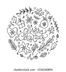 Merry Christmas calligraphic lettering hand written vector text and xmas round wreath. Greeting card design with xmas elements. Modern winter season postcard, brochure, banner