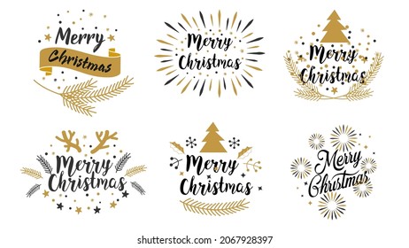 Merry Christmas Calligraphic Lettering Text Design. Typography Set. Vector Logo, Emblems For Banners, Greeting Cards, Web Design