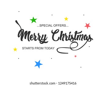 Merry Christmas Calligraphic Promotional Sale Design with Colorful Stars.