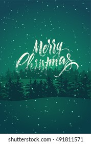 Merry Christmas. Calligraphic retro Christmas card design with winter landscape. Vector illustration.
