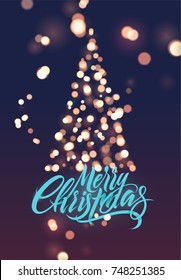 Merry Christmas. Calligraphic retro Christmas card design on blurry background. Vector illustration. Eps10.
