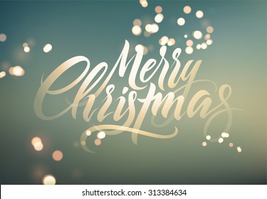 Merry Christmas. Calligraphic retro Christmas greeting card design on blurry background. Vector illustration. Eps10.