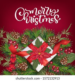 Merry Christmas calligraphic text. Greeting card design with poinsetia floral decoration on gift box and red background. Modern winter season postcard, brochure, wall art design