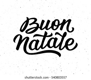 Merry Christmas calligraphic text in italian on white textured background. Vector vintage greeting card for Xmas celebartion with hand lettering inscription.