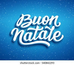 Merry Christmas calligraphic text in italian on blue vector background with sparkles. Christmas greeting card design with 3D typography.
