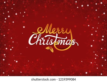 Merry Christmas calligraphic text label with ilex branch, berries and leaves. Xmas typography badge. Dark red holiday background with stars and snowflakes. Vector Illustration.