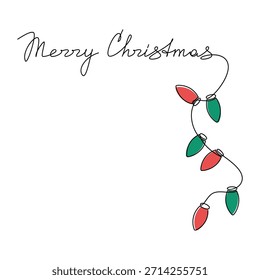 Merry Christmas calligraphic text. Light bulbs garland line continuous drawing. Hand drawn vector illustration, print, banner, card, poster, festive ornament, greeting card, holiday decor, postcard