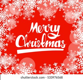 Merry Christmas Calligraphic text on red background with snowflakes around.Lettering design for Greeting Gift Poster or banner 