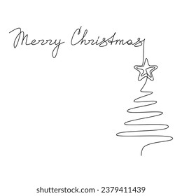 Merry Christmas calligraphic text vector. Abstract symbol tree star line continuous drawing. Graphic illustration, print, banner, card, poster, sign, logo, festive ornament, holiday decor icon.