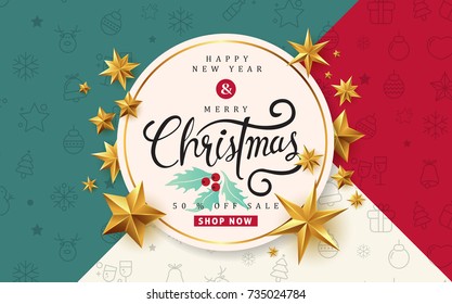 Merry christmas with calligraphic text.Vector illustration template.greeting cards.