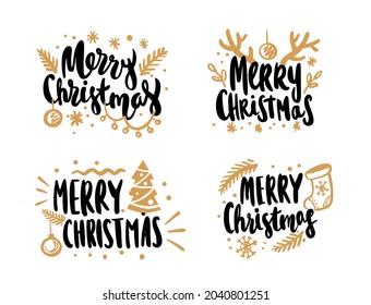 Merry Christmas calligraphic vector lettering text design cards set.