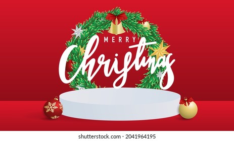 Merry Christmas calligraphy background, Podium and red gold balls Element in christmas holiday , Flat Modern design , illustration Vector EPS 10