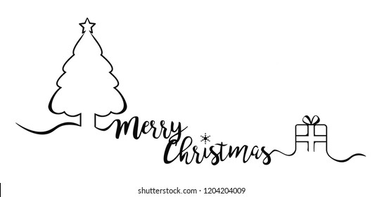Merry Christmas calligraphy brush banner vector. Xmas tree and gift continuous line art graphic drawings.